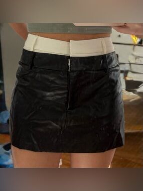 Black Faux Leather Mini Skirt with Cream Waistband